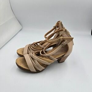 Bussola Est 1978 Women's Leather Strappy Block Heel Sandal Size 38 Beige Gold‎